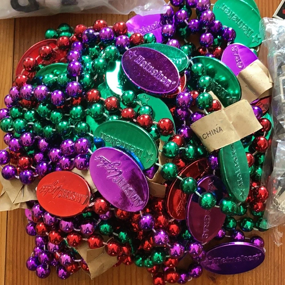 LRG LOT BUDWEISER HEINEKEN GUINESS beer Mardi gra beads pins NECKLACES & more